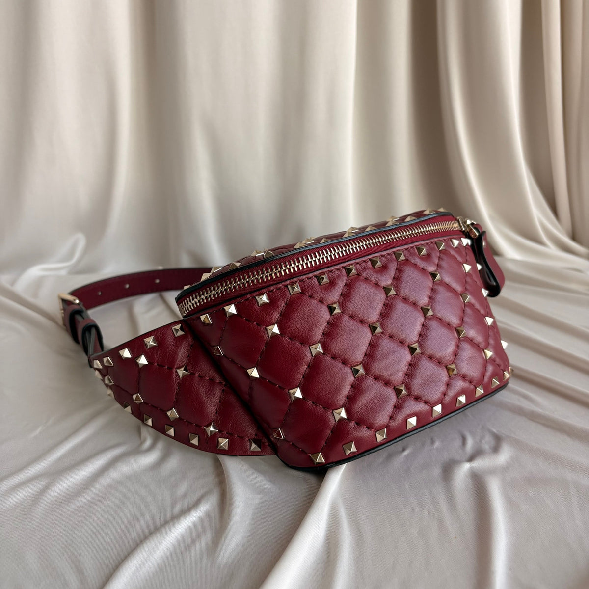 Valentino Rockstud Red Leather Belt Bag - Gold Studs