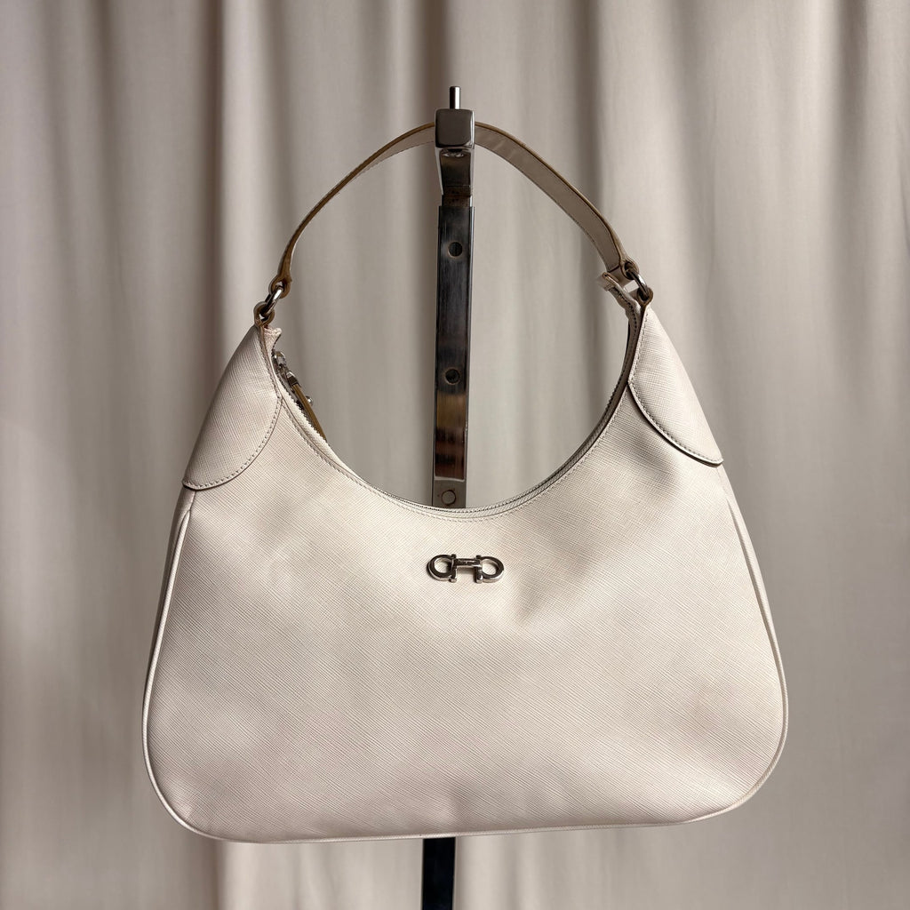 Ferragamo Gancini Romana Hobo Bag - White Saffiano Leather
