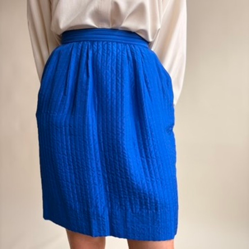 Cobalt Blue Quilted Silk Skirt - Vertical Stitching, 80s Vintage, Size 4