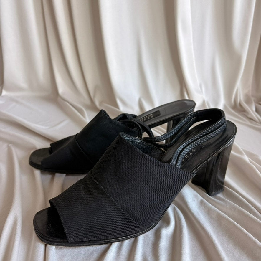 Stuart Weitzman Black Slingback Heels - Open Toe, Chunky Block Heel, Size 10
