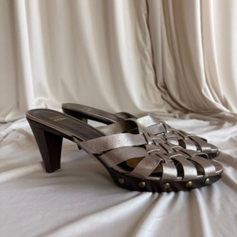 Stuart Weitzman Metallic Woven Mules - Studded Wooden Sole, Platform, Size 10
