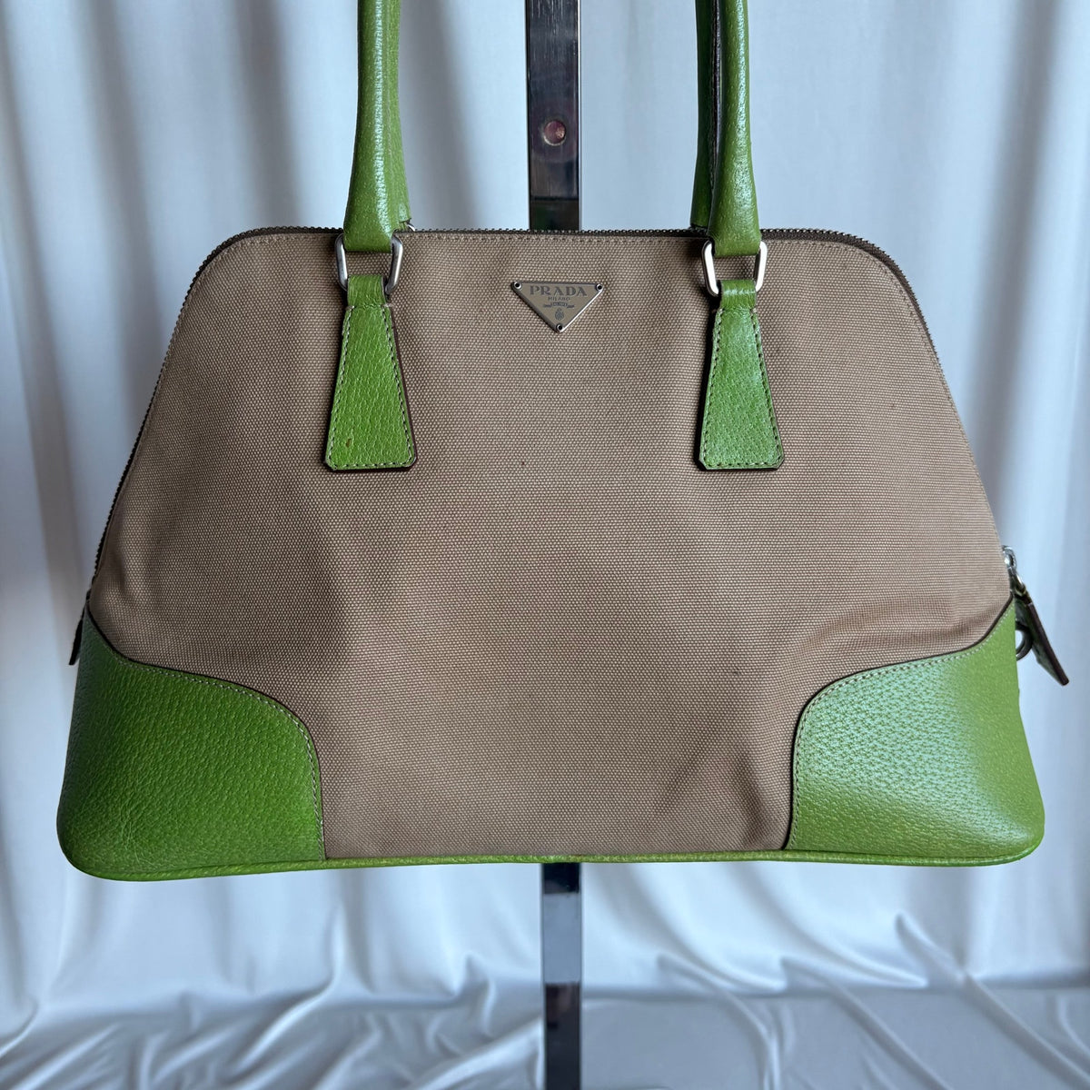 Vintage Prada Beige Canapa Dome & Lime Green Leather Trim Bowling Bag