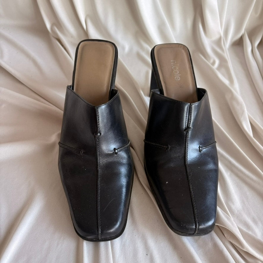 Nicole Brakes Black Leather Mules - Square Toe, Needs Heel Repair, Size 8.5