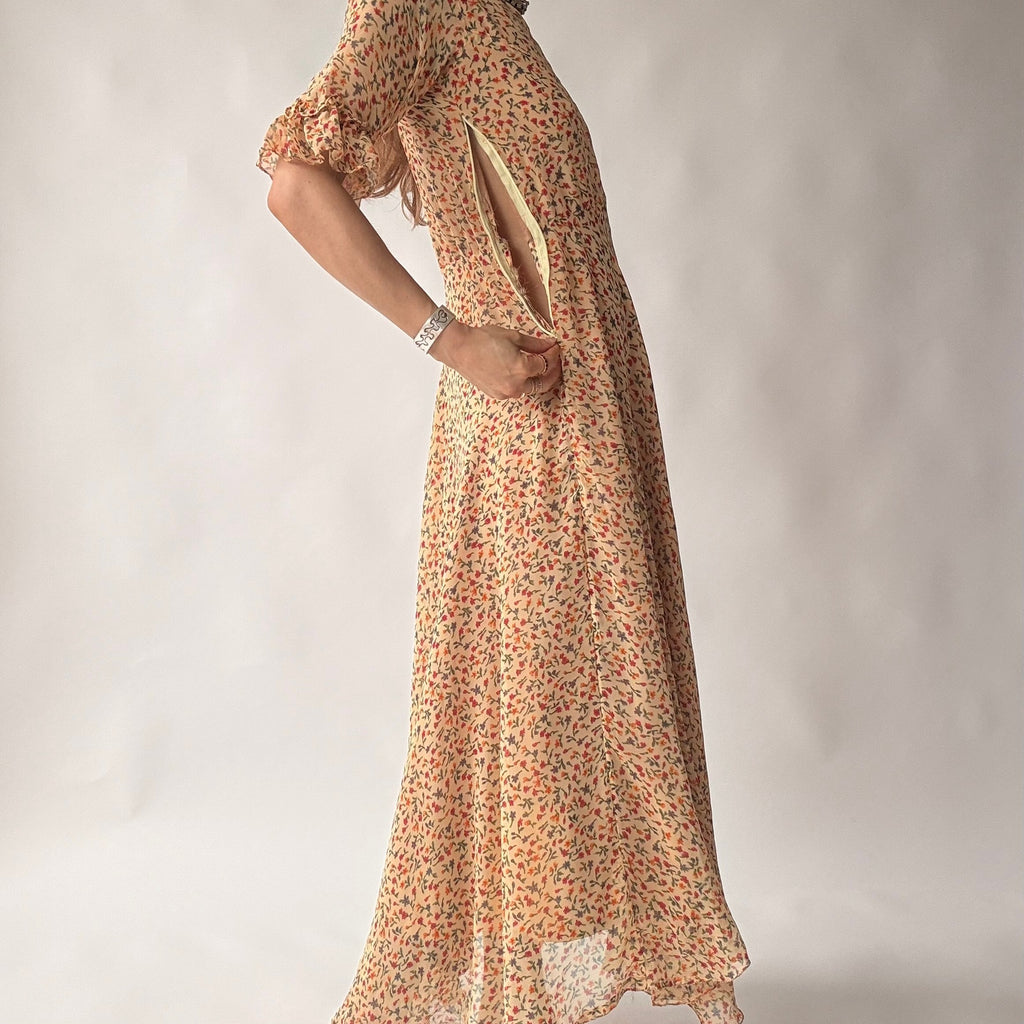 Vintage 70s Handmade Ditsy Floral Chiffon Maxi Dress - Small
