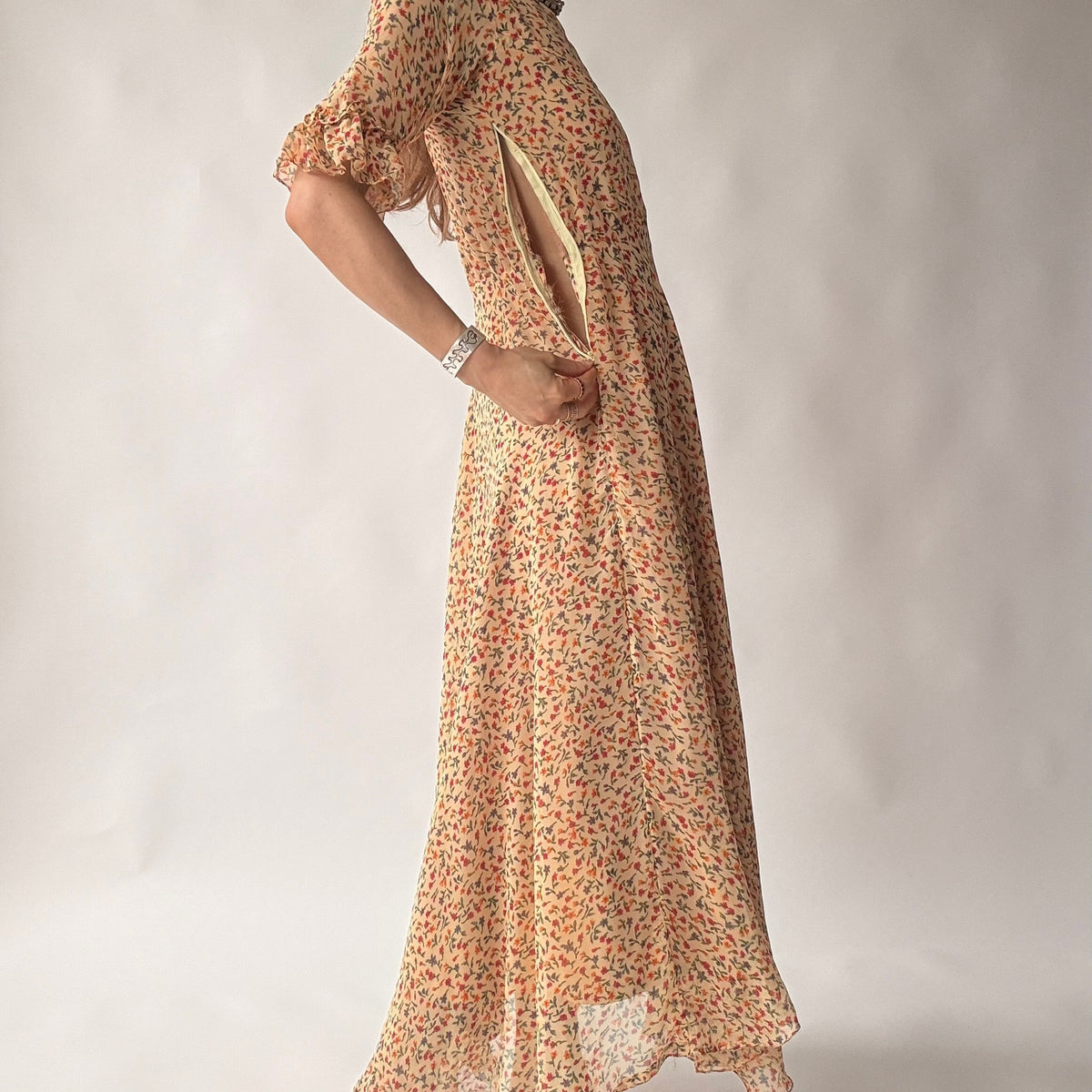 Vintage 70s Handmade Ditsy Floral Chiffon Maxi Dress - Small