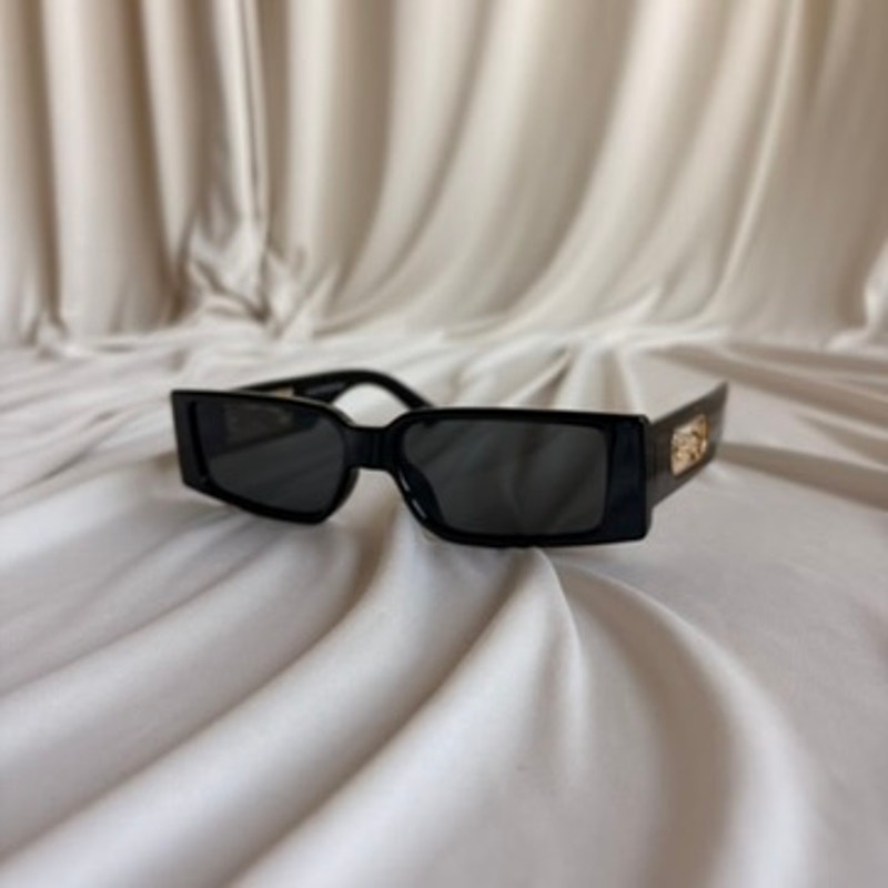 Narrow Black Rectangular Sunglasses - Gold Cheetah Emblem, Cutout Temple Detail