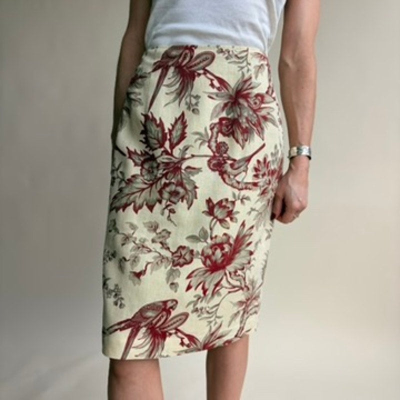 Silk Club Collection Linen Midi Skirt - Cream & Burgundy Floral Bird Print- Size 6