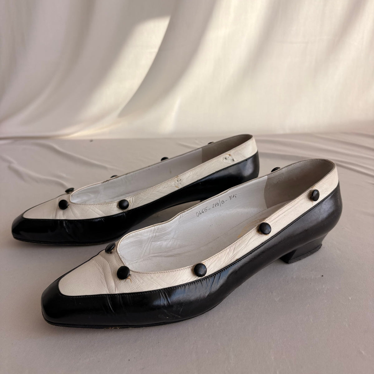 Vintage Delman Black & White Leather Low Block Heels - Button Detail, 1" Heel