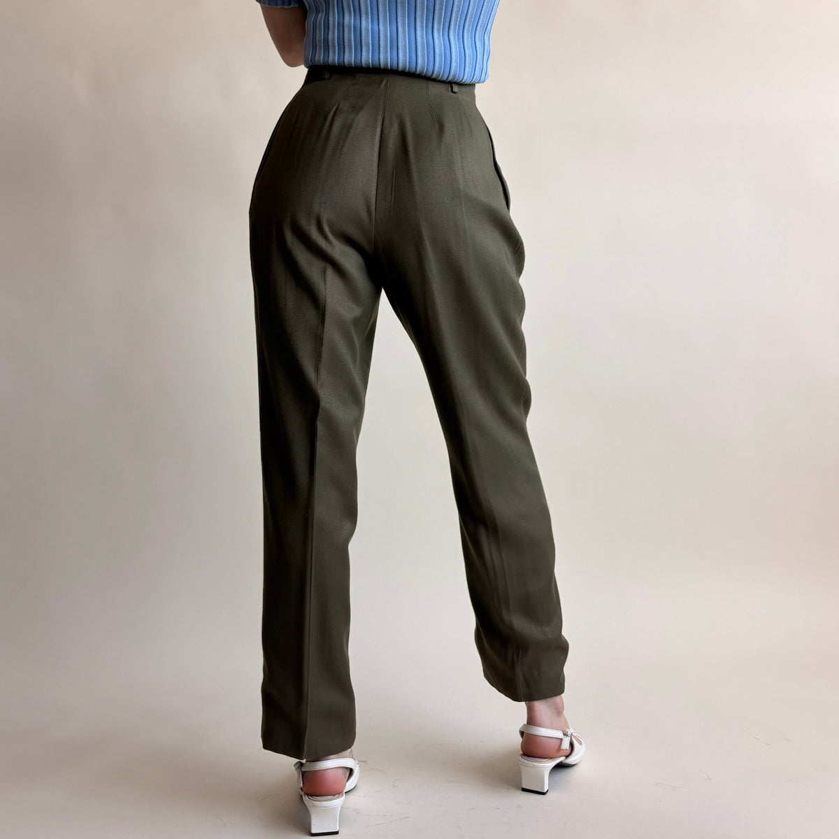 Saks Fifth Avenue Olive Green Linen Trousers - High Waisted, Pleated, Cropped