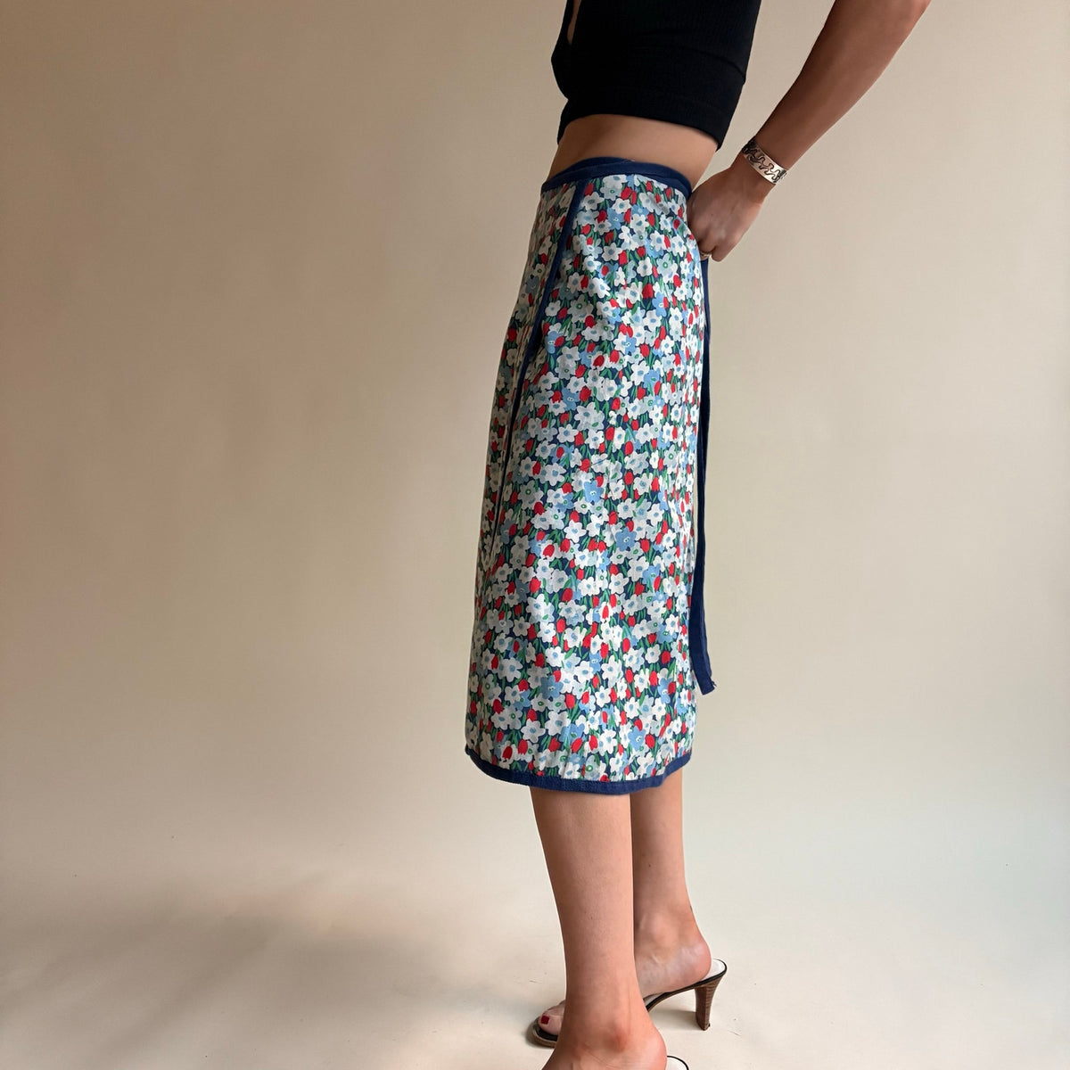1970s Blue Reversible Floral Wrap Skirt - Navy Reverse, One Size