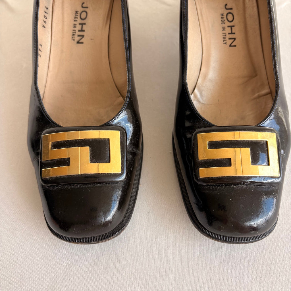 Vintage 90s Black Patent Leather Round Toe Loafers - Gold Hardware, Block Heel