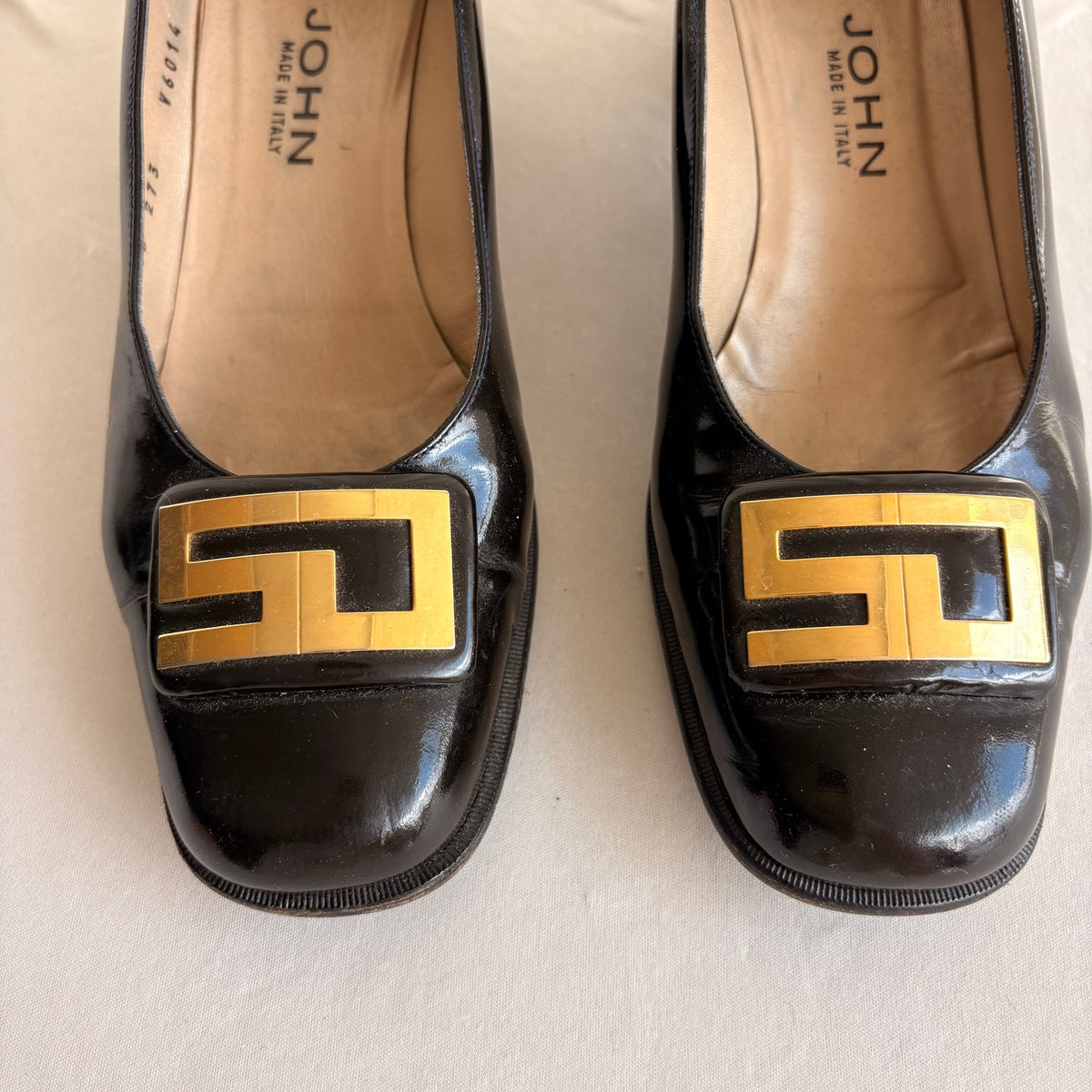 Vintage 90s Black Patent Leather Round Toe Loafers - Gold Hardware, Block Heel