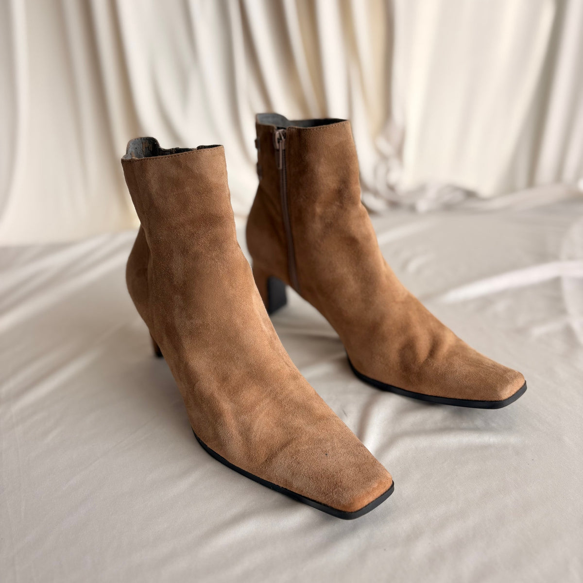 Bandolino Tan Suede Ankle Boots - Pointed Square Toe, Block Heel, 7.5