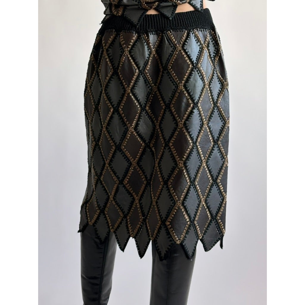 Vintage 1970s Handmade Turkish Diamond Patchwork Leather Skirt