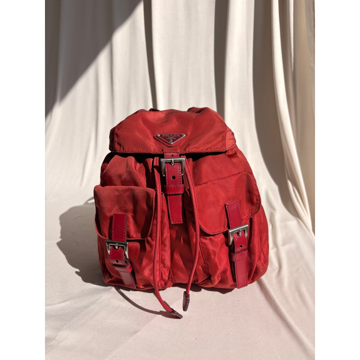 Vintage Prada Red Tessuto Vela Nylon Drawstring Backpack