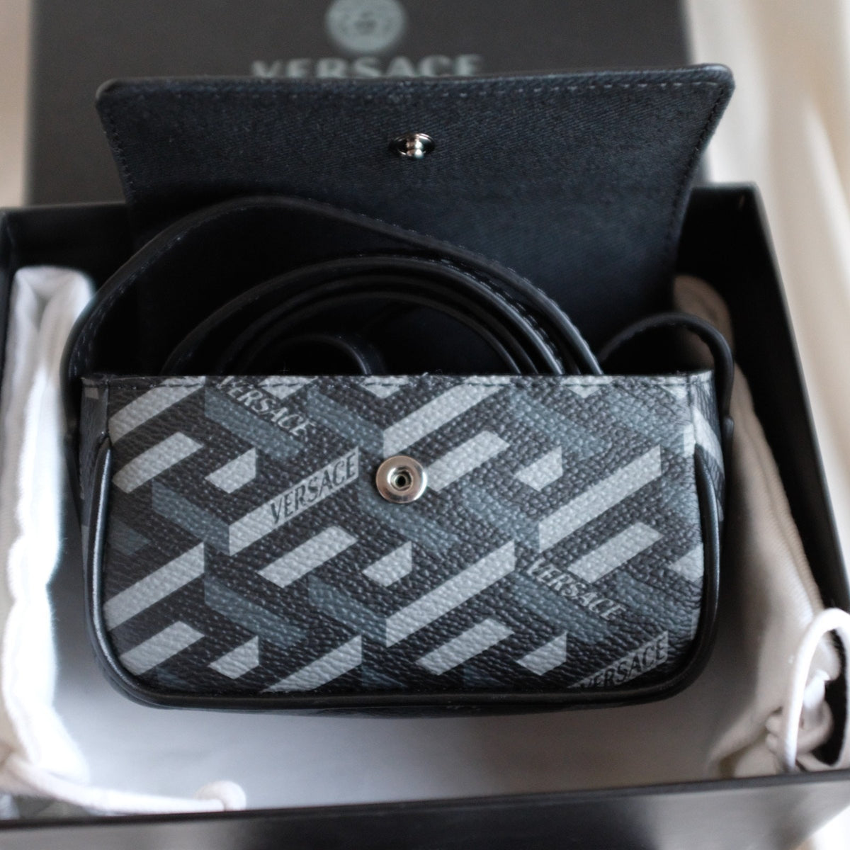 Versace La Greca Mini Bag Coated Canvas Monogram & Calf Leather -Black + Gray