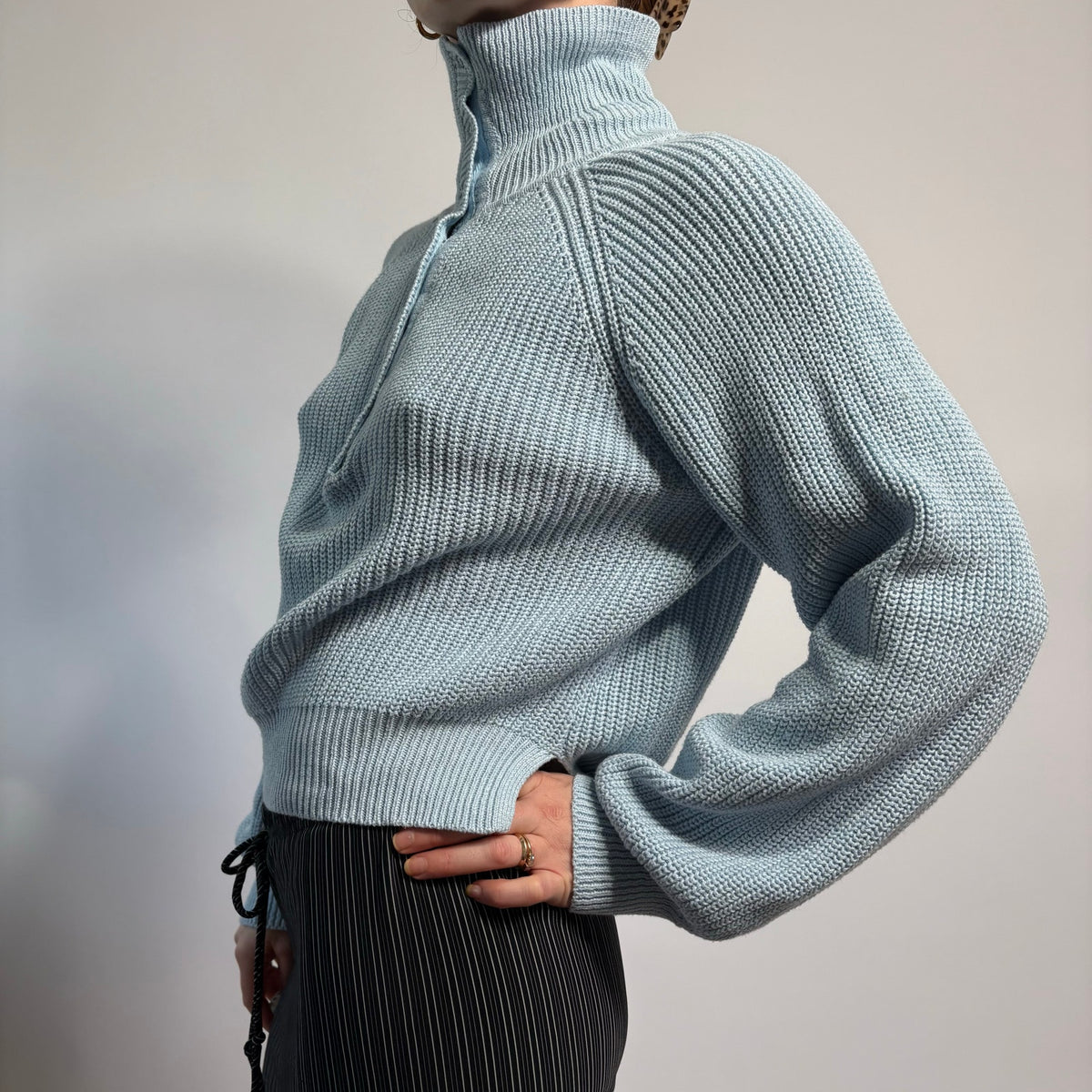 Baby Blue V-Neck Sweater with Button Collar - Medium