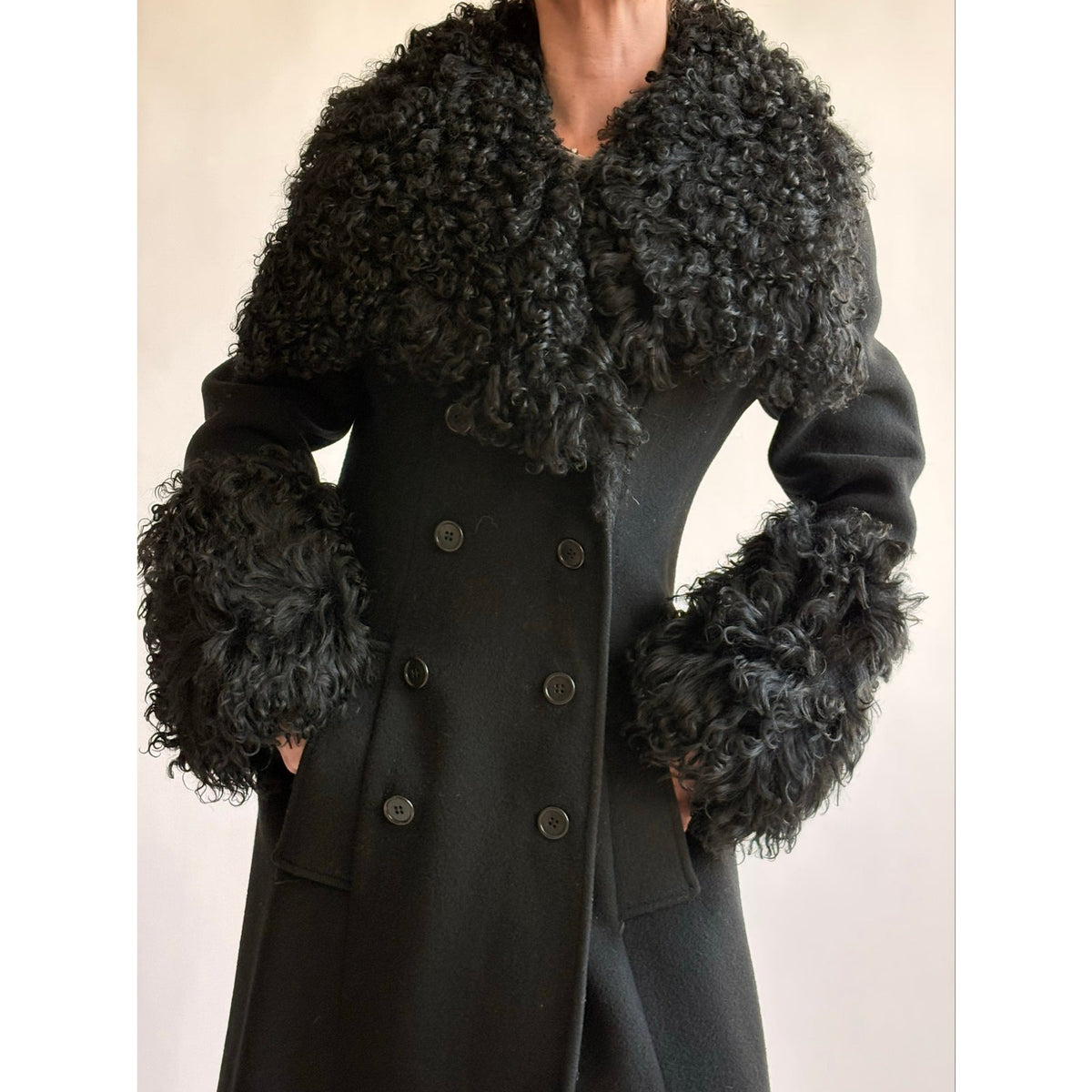 Vintage 1970s Black Wool & Mongolian Shearling Coat