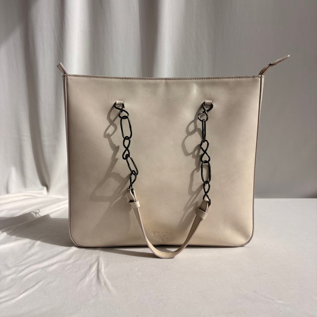 Vintage Prada Vitello Catena Tote Bag - Ivory Calfskin