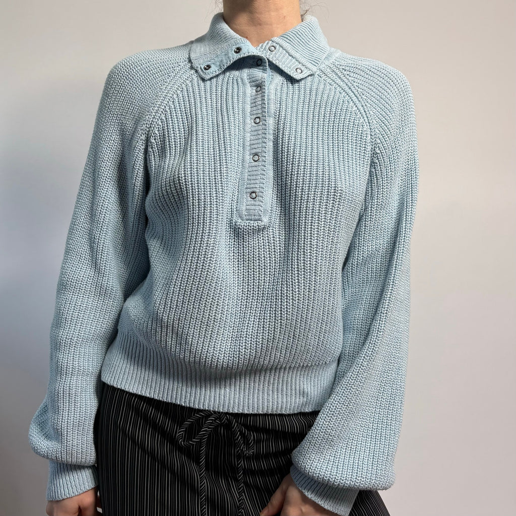 Baby Blue V-Neck Sweater with Button Collar - Medium