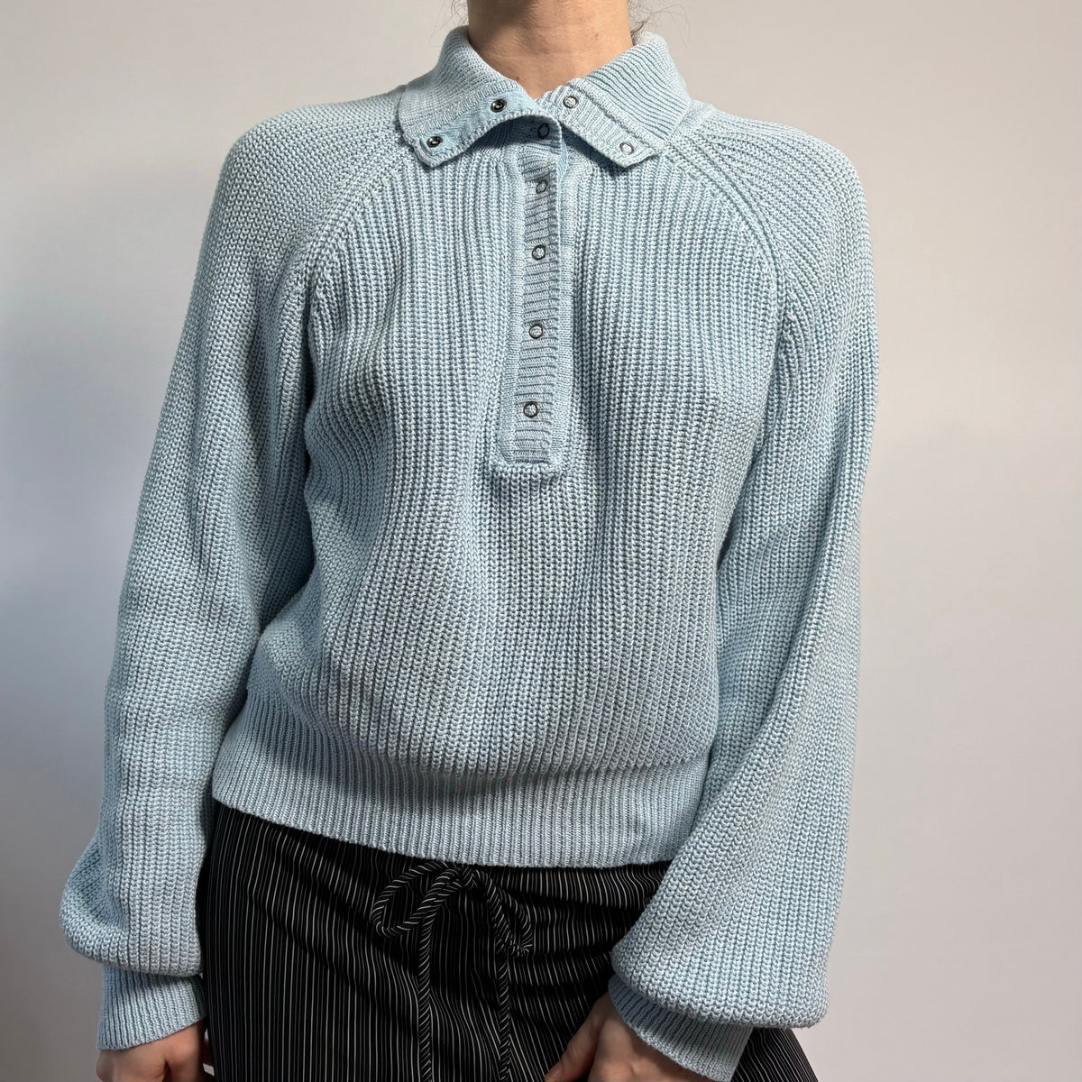 Baby Blue V-Neck Sweater with Button Collar - Medium