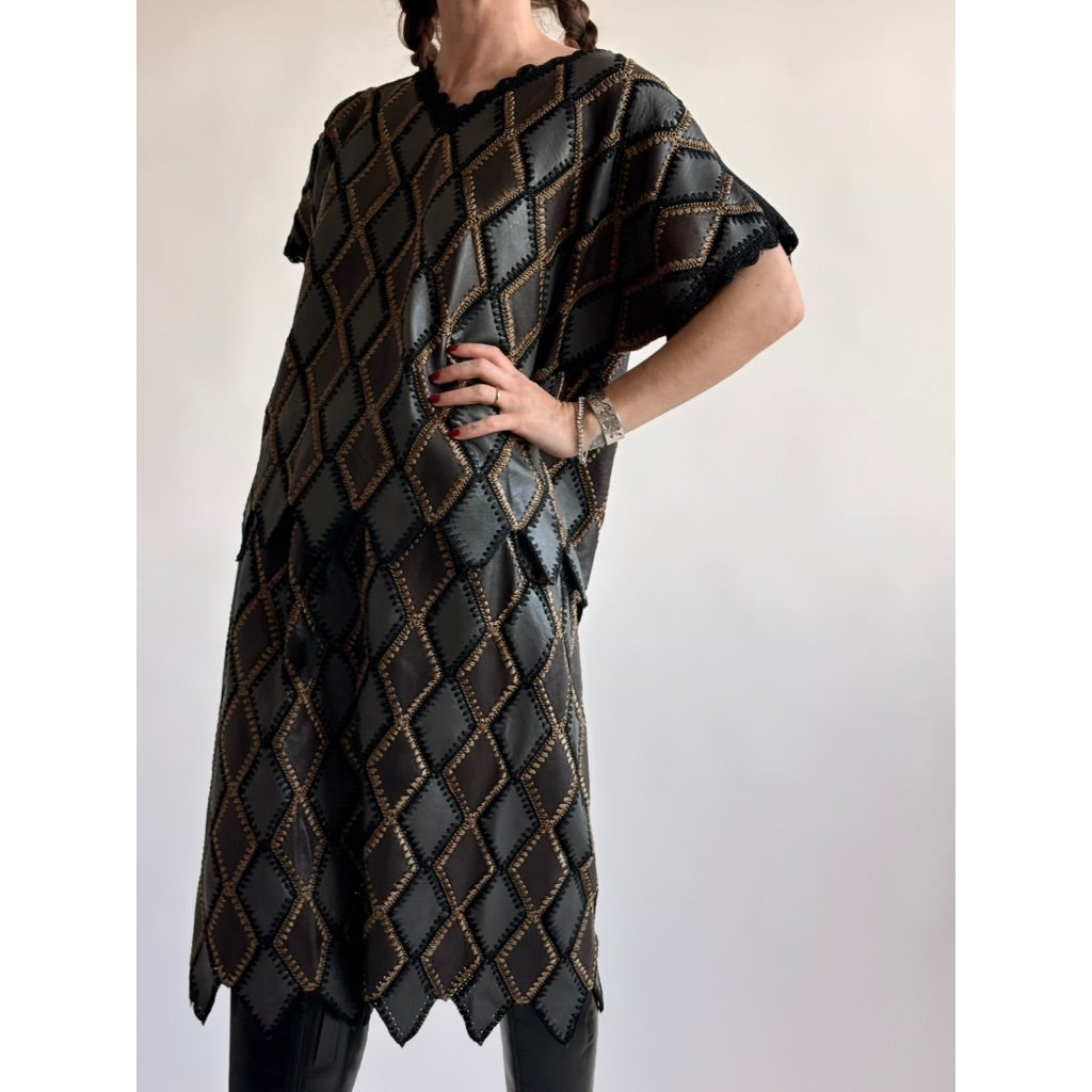 Vintage 1970s Handmade Turkish Diamond Patchwork Leather Top