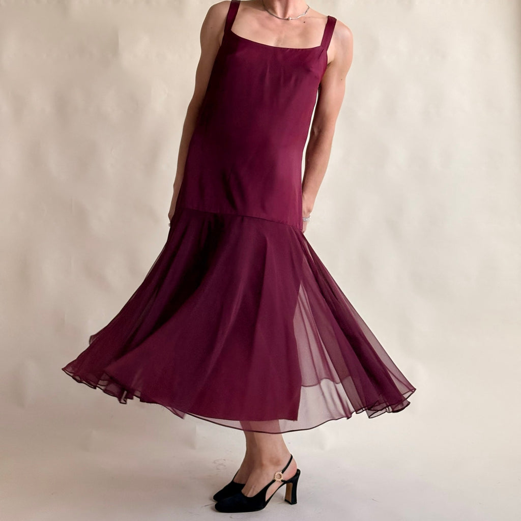 Crest Fashions Burgundy Drop-Waist Flapper Dress - Sheer Chiffon Skirt