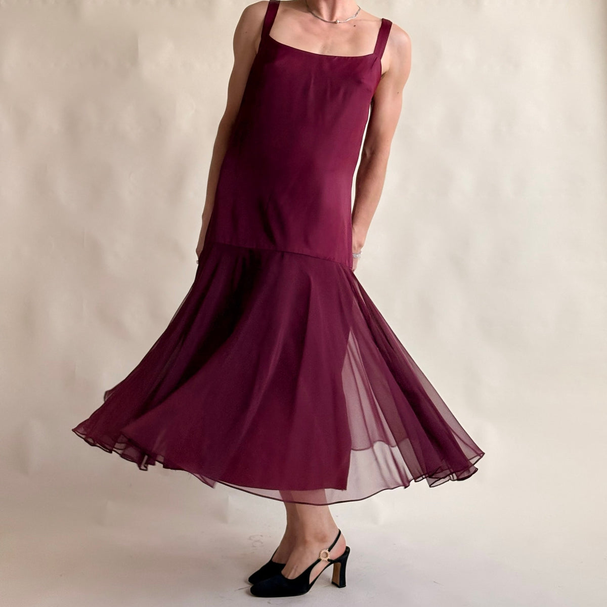 Crest Fashions Burgundy Drop-Waist Flapper Dress - Sheer Chiffon Skirt