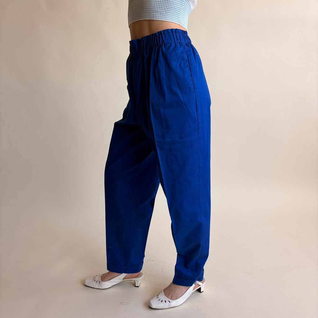 Carol Reed Brilliant Blue High-Waisted Trousers - Cotton, Elastic Waist, Size 4
