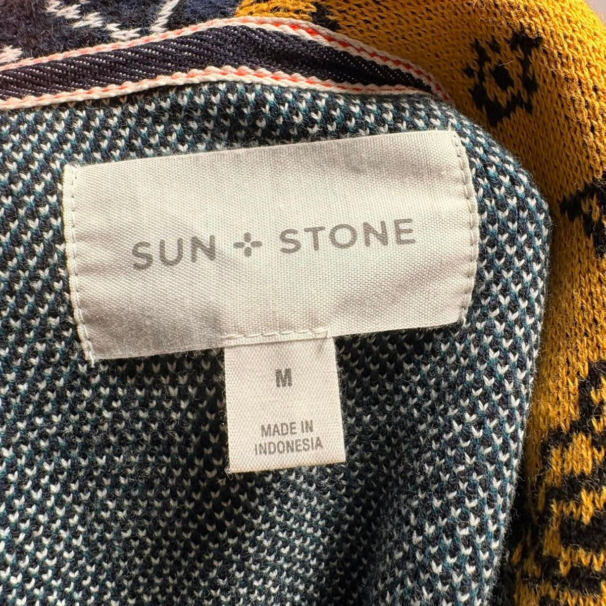 Sun + Stone Bandanna Print Shawl Collar Sweater - Yellow/Green/Blue, Size Medium