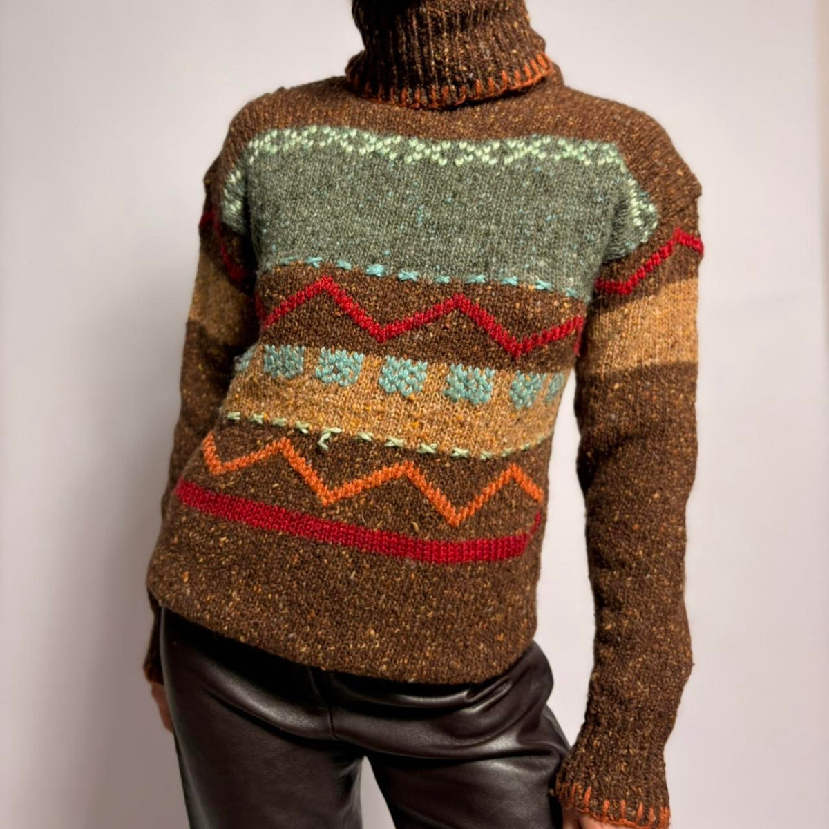 Vintage Wool Turtleneck with Geometric Stitching - Brown, Size Large