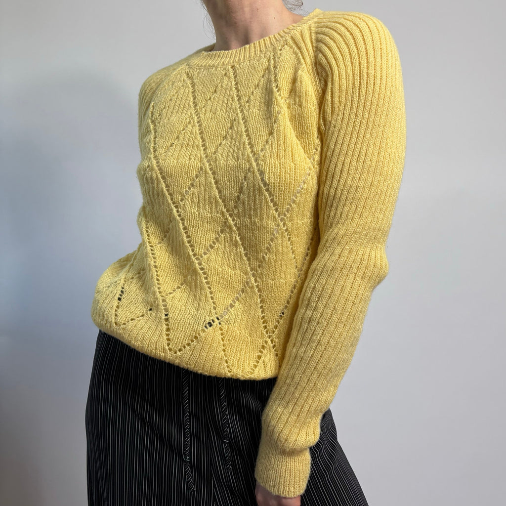 Yellow Pointelle Argyle Crewneck Sweater - Size Medium