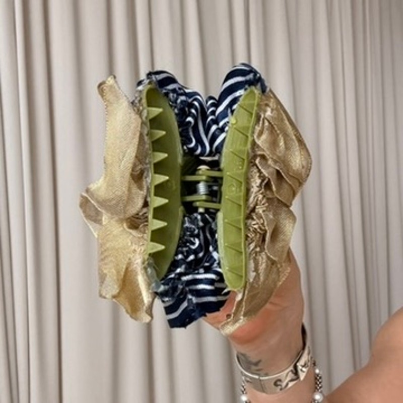 Navy & White Stripe Ribbon Claw Clip - Gold Trim, Retro, 4"