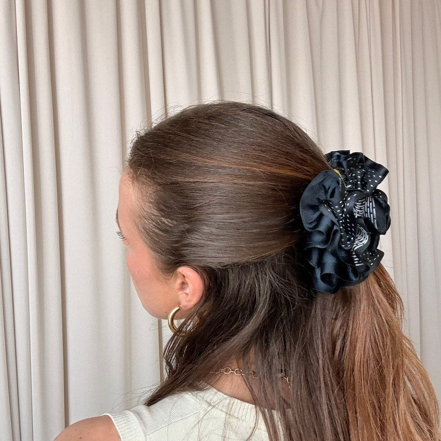 Black & White Checkered Ribbon Claw Clip - Retro, 4"