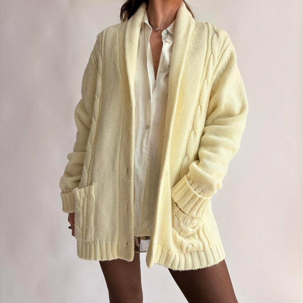Vintage Sears 70s Cream Cable Knit Cardigan - Fits Large