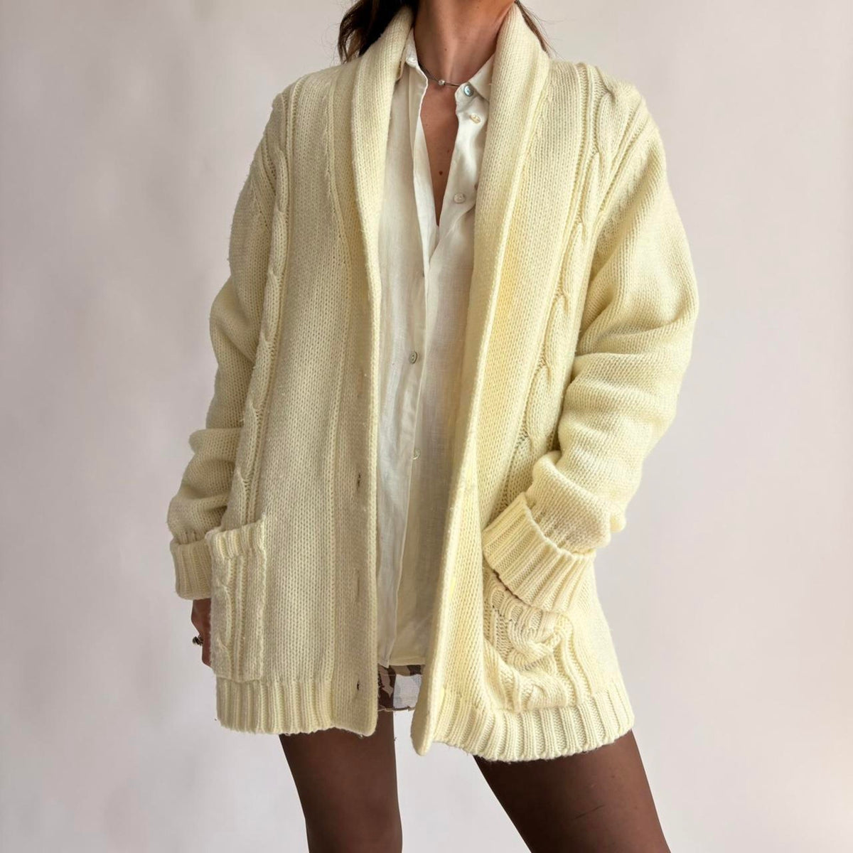 Vintage Sears 70s Cream Cable Knit Cardigan - Fits Large