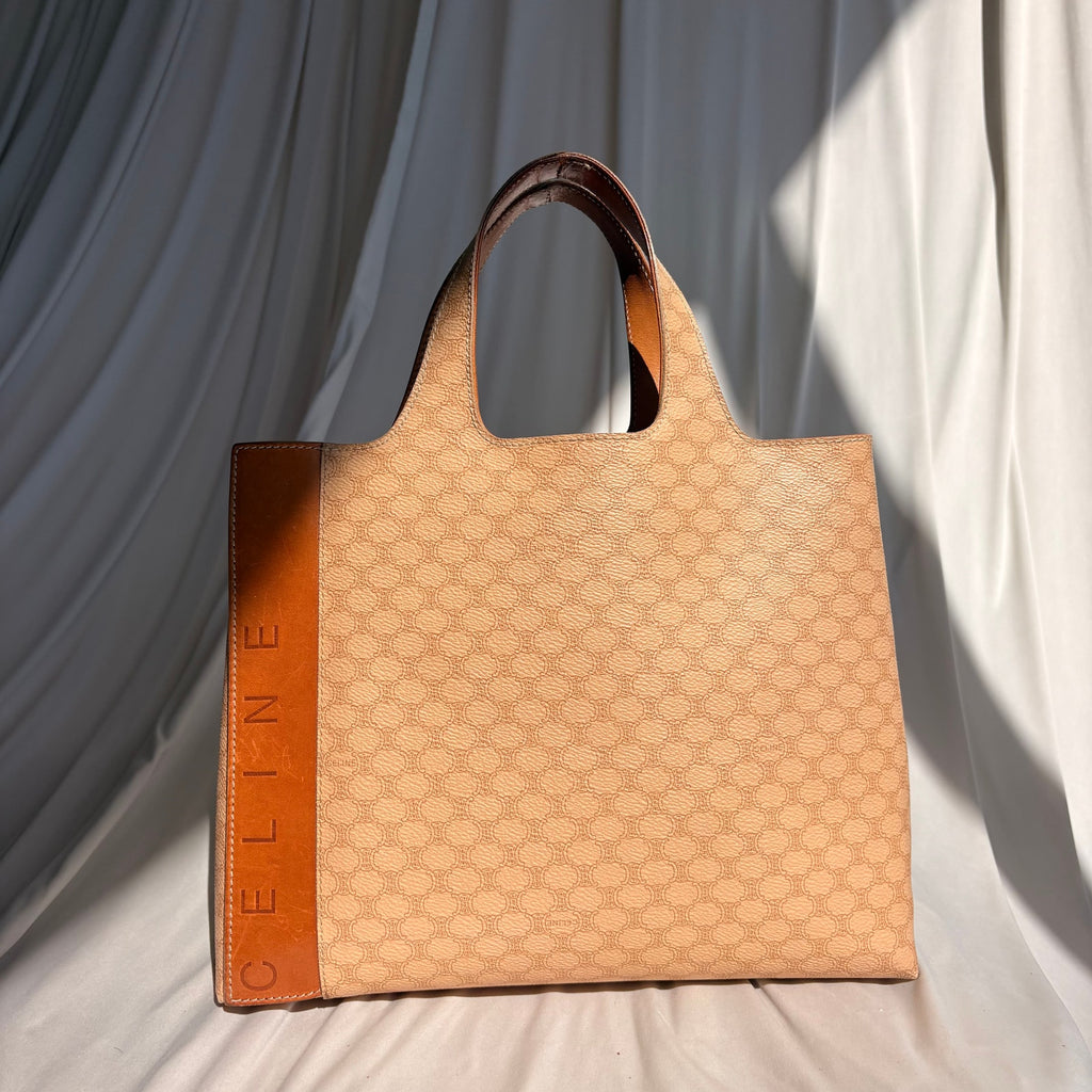 Vintage 90s Celine Triomphe Canvas Tote Bag - Tan Leather Trim