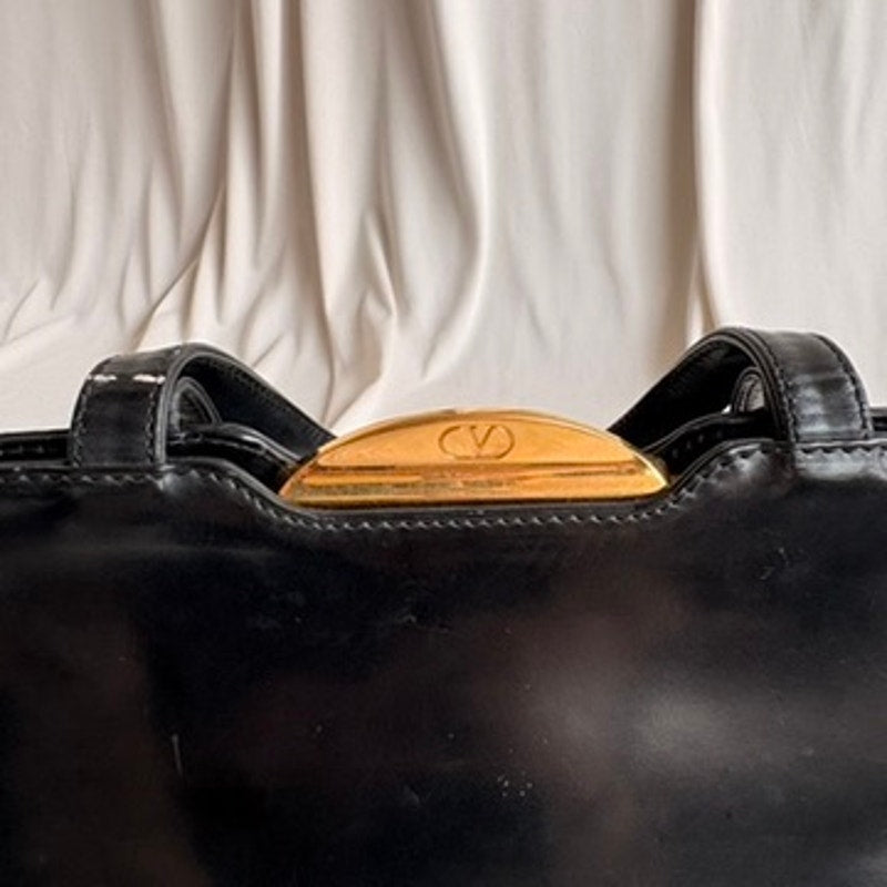 Vintage Valentino 80s Black Patent Leather Bag w/ Gold Clasp