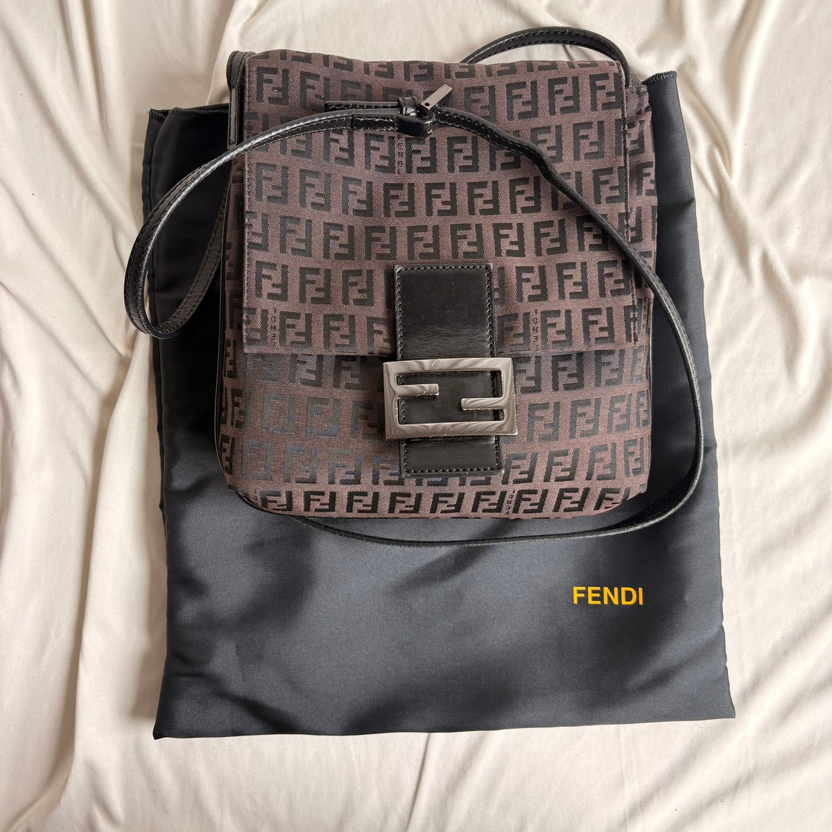 Vintage Fendi Zucchino Black & Brown Mama Baguette Bag