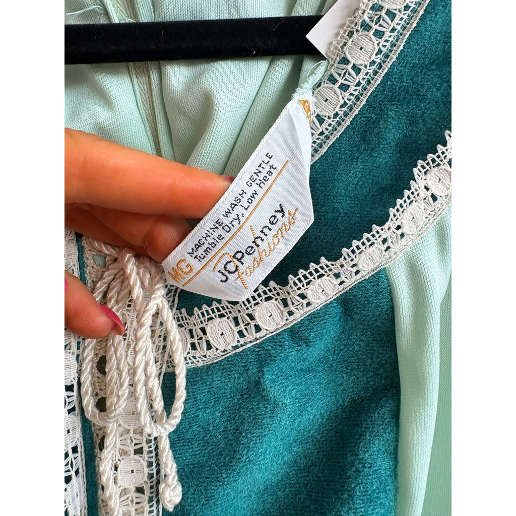 JCPenney Vintage 70s Mint Green Prairie Dress - Lace Trim