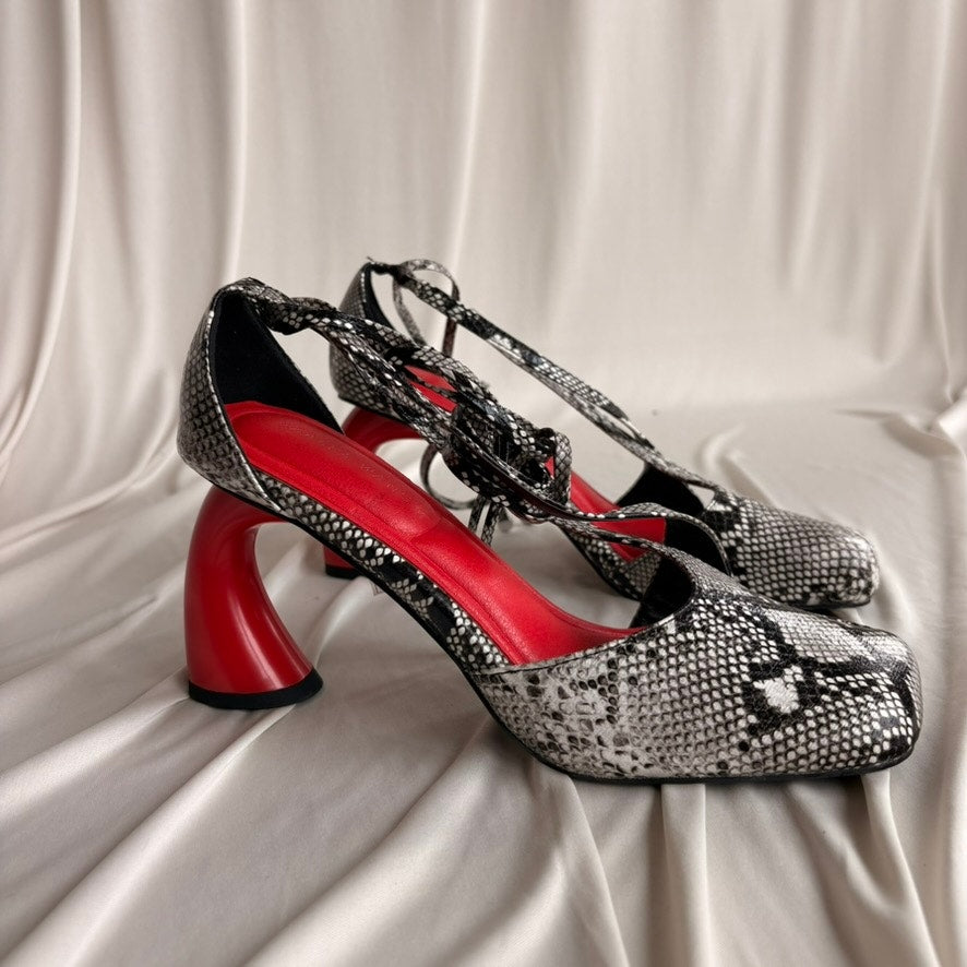 Azalea Wang Buiky Snake Print Curved Heel Pumps - Red Heel, Size 8.5