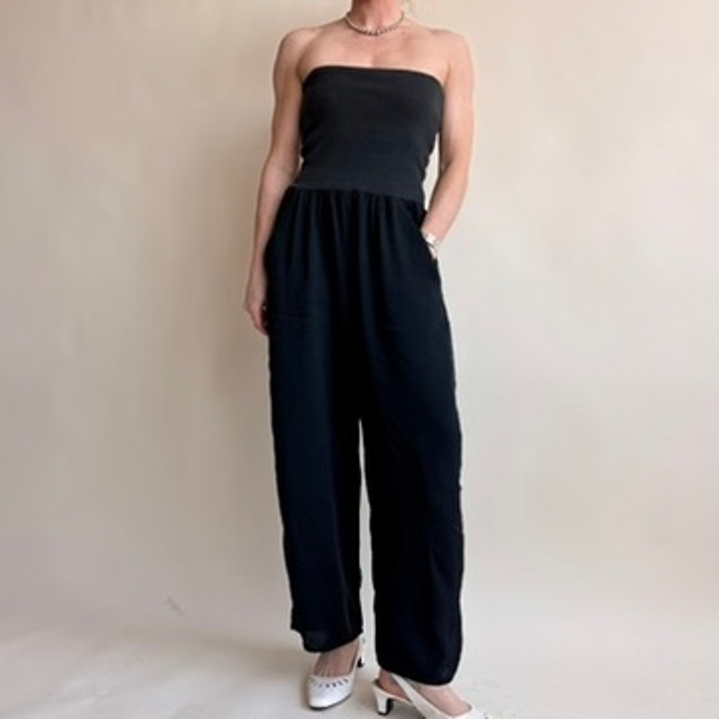 Chaus Black Ribbed Tube Top Jumpsuit - Wide Leg, Pockets, 90s Vintage, Size Small