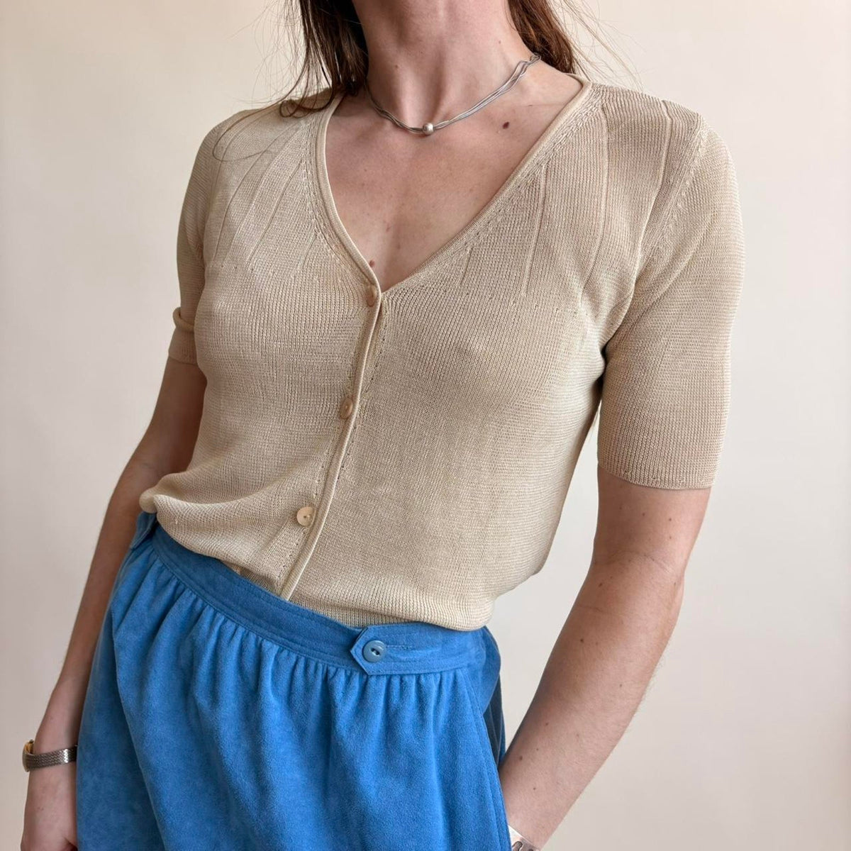 Caroline Little Knitwear Nude Tan Rayon Knit Top - Size Small