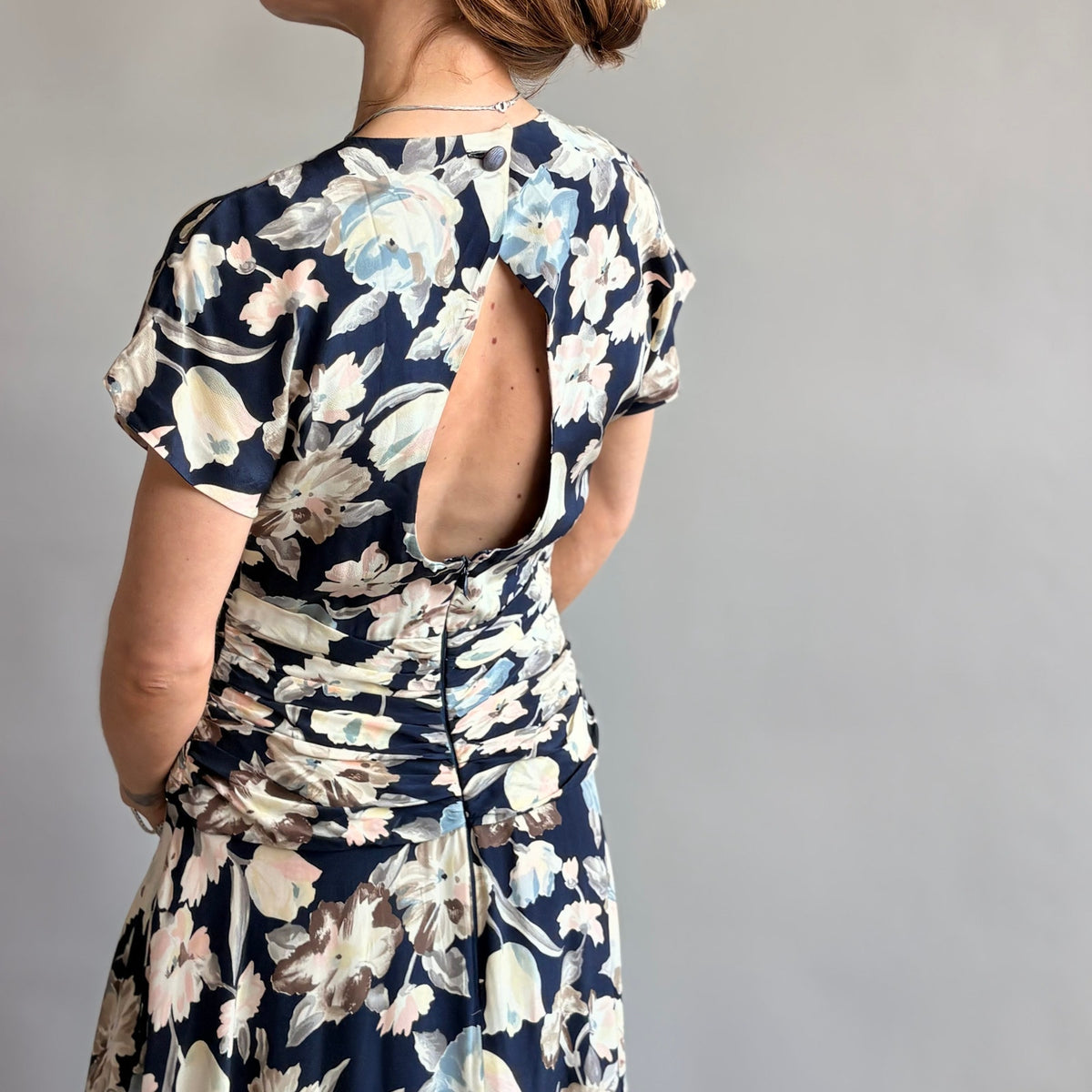 Debora Kuchme Navy Floral Ruched Maxi Dress - Size 4