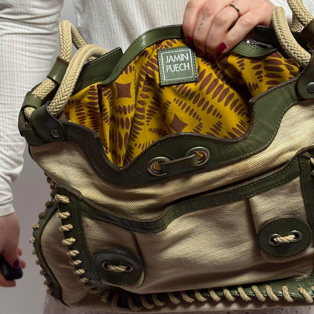 Jamin Puech Paris Canvas & Olive Green Leather Tote