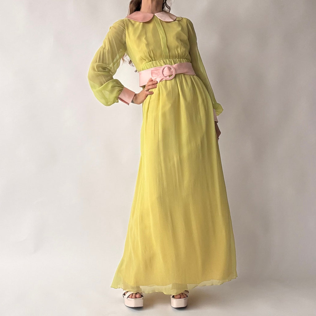 Vintage 60s/70s Chartreuse Peter Pan Collar Maxi Dress w/ Belt