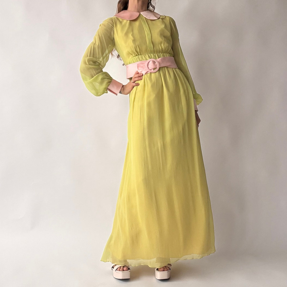 Vintage 60s/70s Chartreuse Peter Pan Collar Maxi Dress w/ Belt