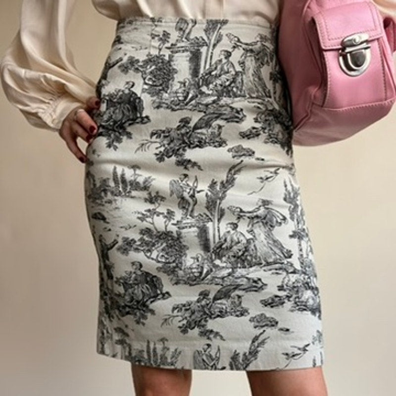 NYC Design Company Toile Pencil Skirt - Black & White Pastoral Scene, Stretchy Cotton, Size 4