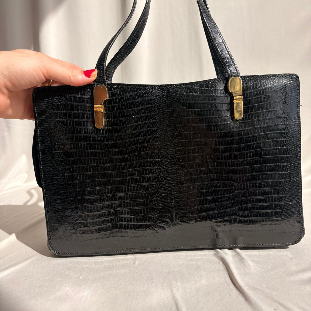 Vintage Loewe Black Patent Croc-Embossed Leather Shoulder Bag