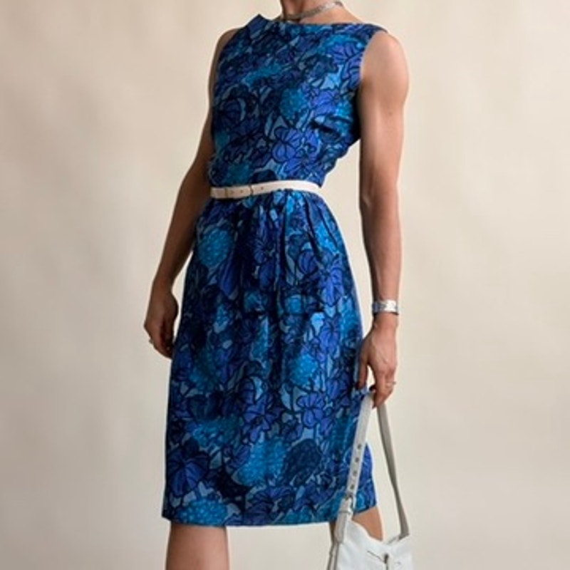 1960s Mod Floral Sheath Dress - Blue Abstract Print, Tie Waist, Fits Small